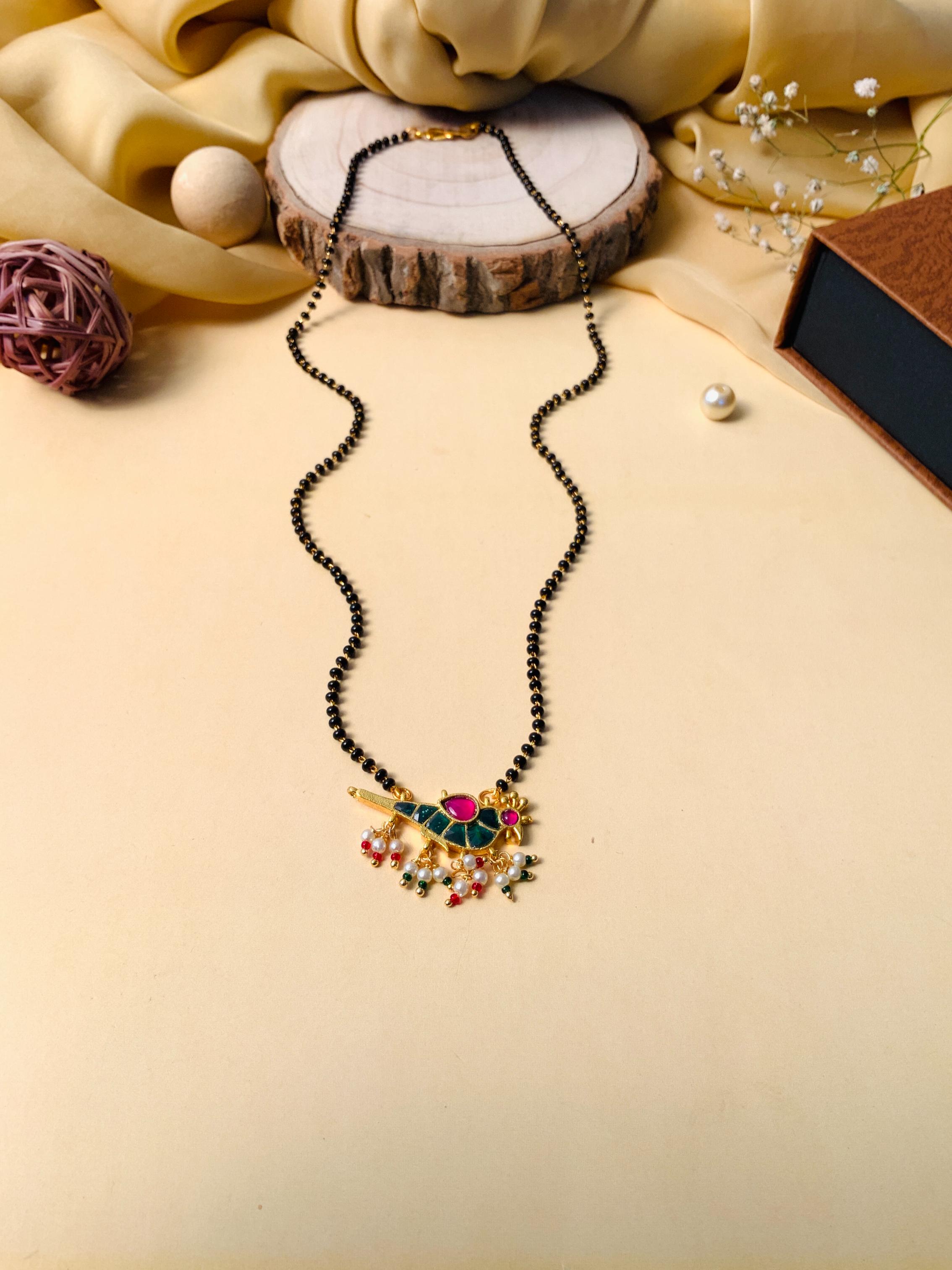 Ethnic Gold Plated Parrot Pachi Kundan Polki Pearl Drop Mangalsutra - Abdesignsjewellery