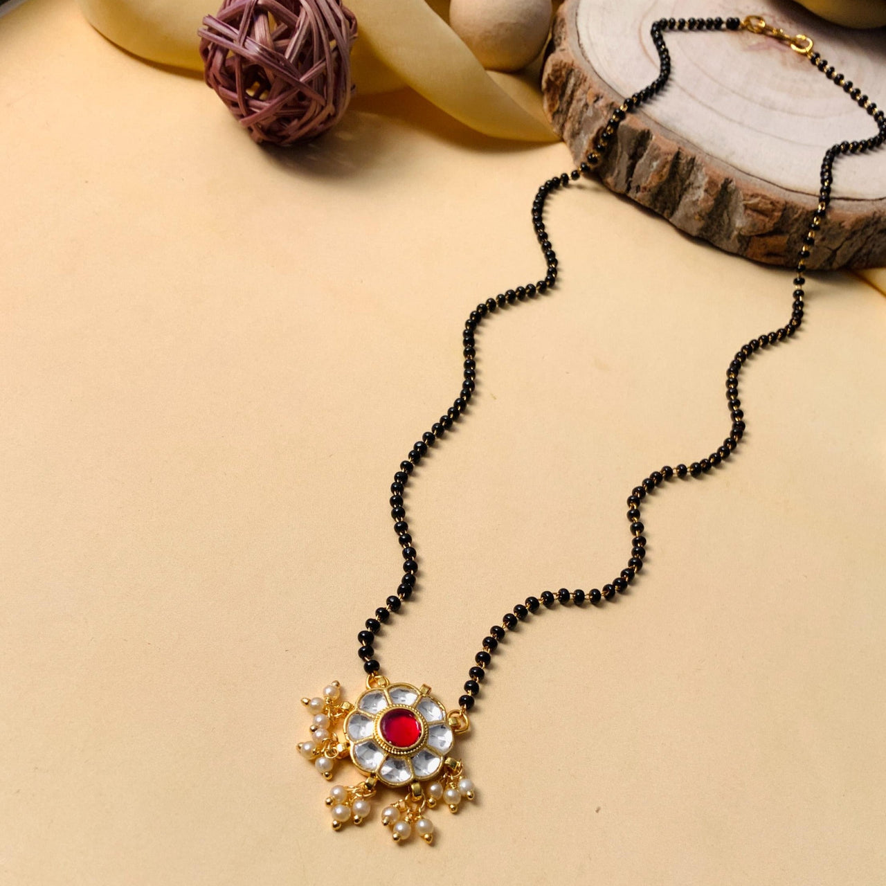 Attractive Round Flower Gold Plated Pachi Kundan Pearl Drop Mangalsutra