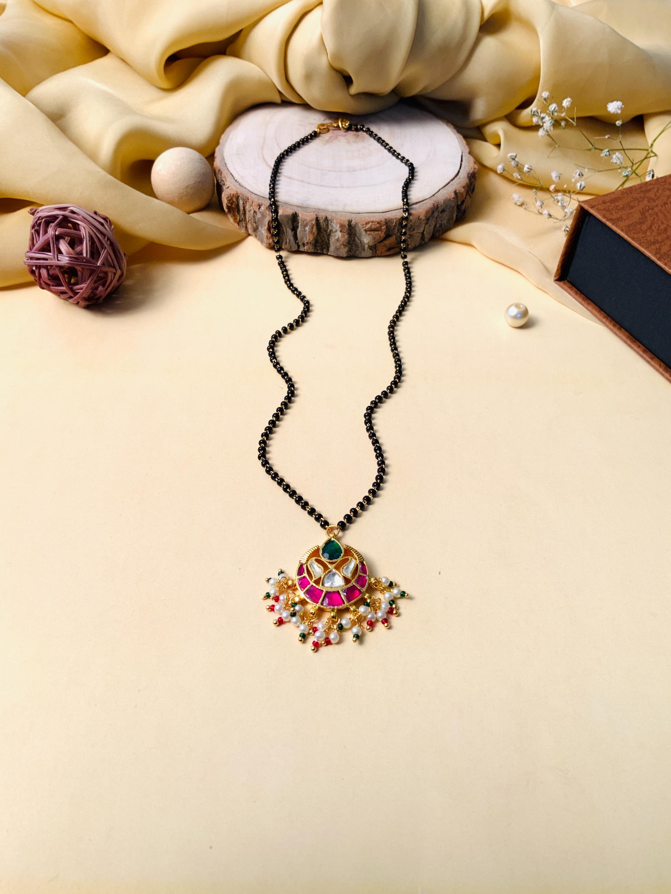 Vibrant Multicolour Gold Plated Pachi Kundan Pearl Drop Mangalsutra