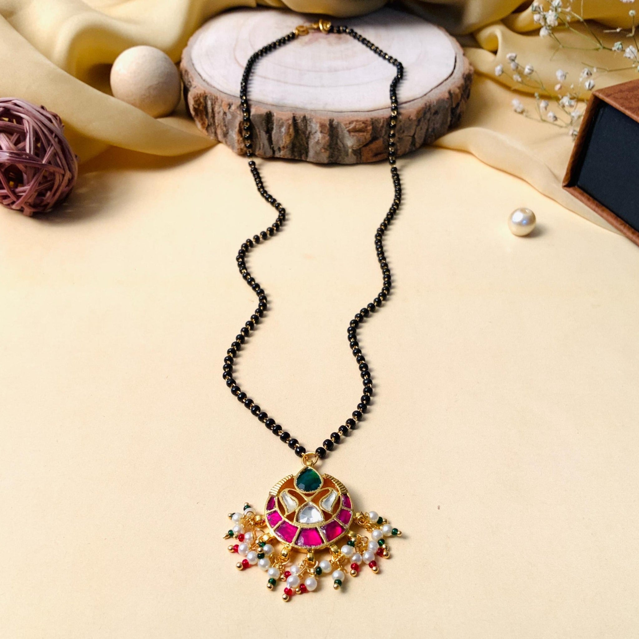 Vibrant Multicolour Gold Plated Pachi Kundan Pearl Drop Mangalsutra