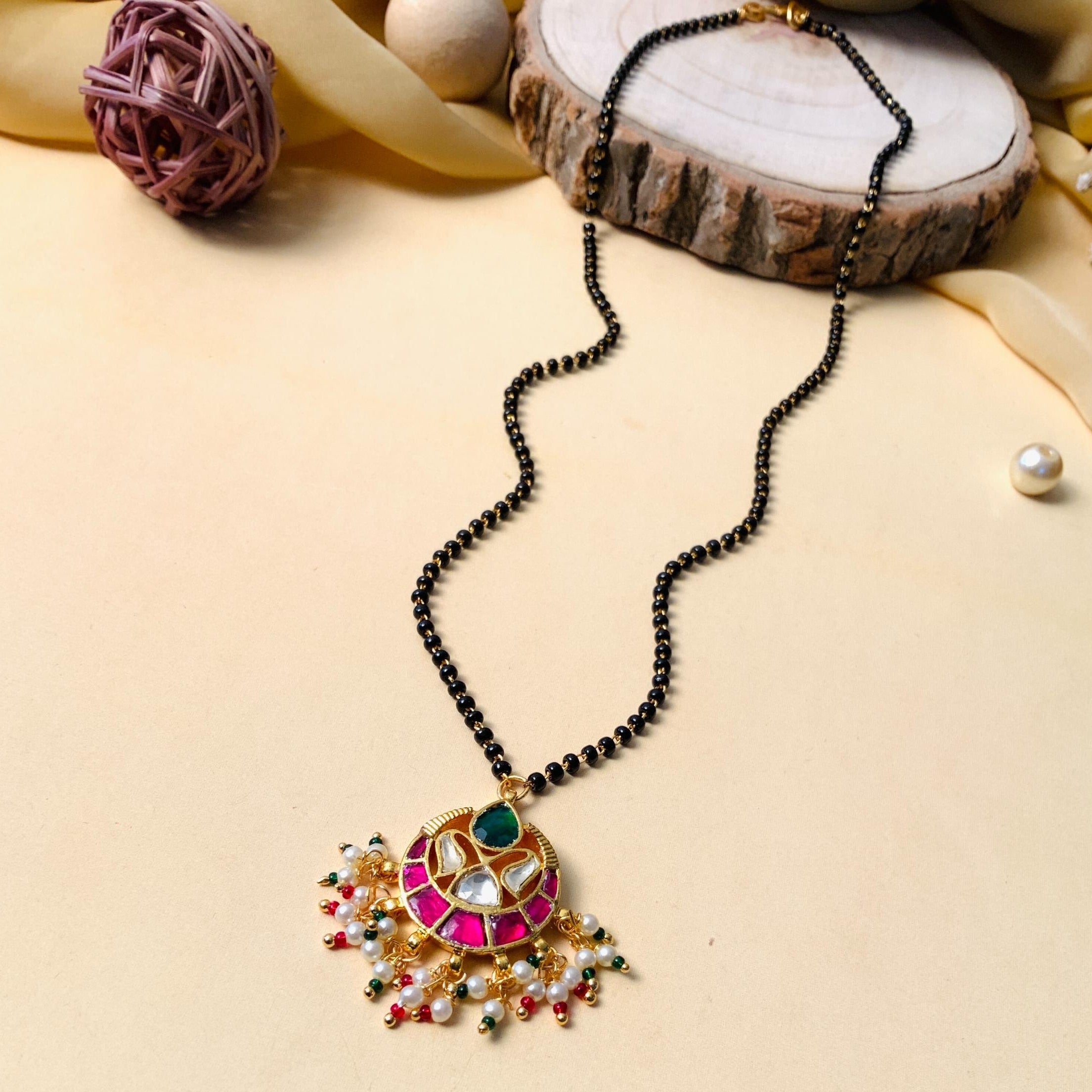 Vibrant Multicolour Gold Plated Pachi Kundan Pearl Drop Mangalsutra