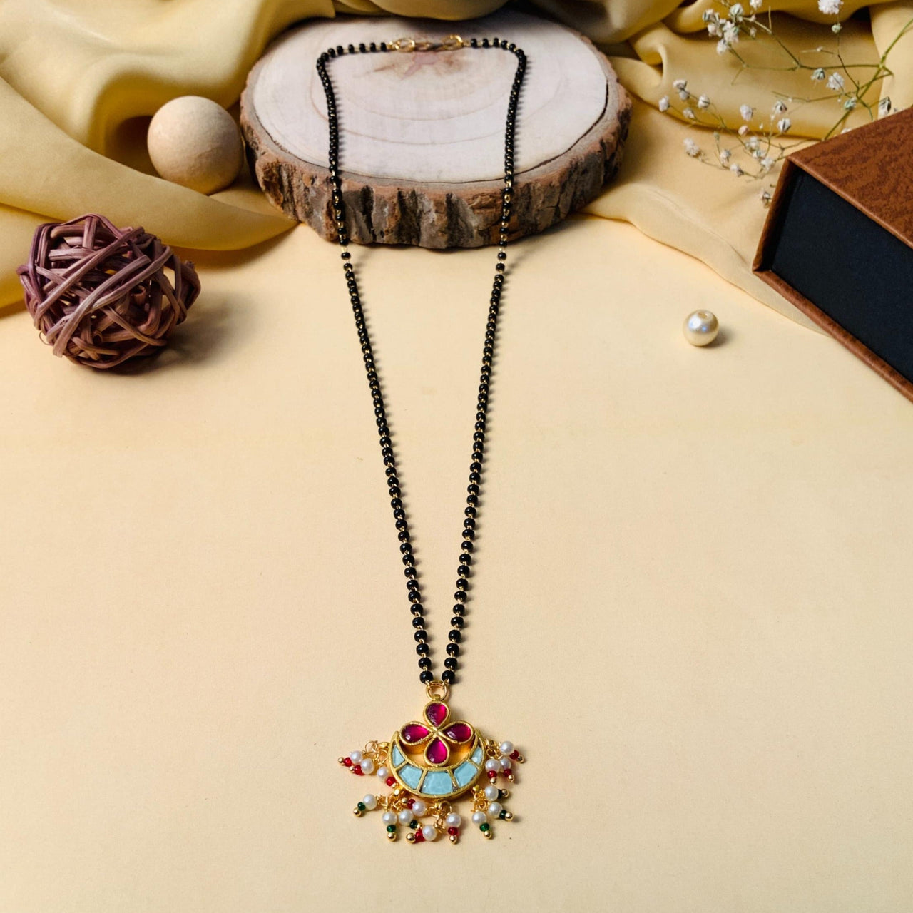 Floral Handmade Multicolour Pachi Kundan & Pearl Drops Mangalsutra - Abdesignsjewellery