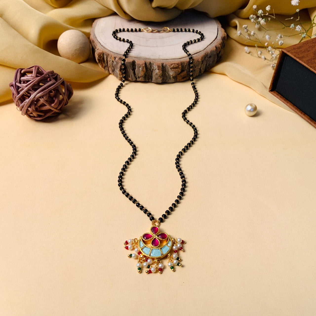 Floral Handmade Multicolour Pachi Kundan & Pearl Drops Mangalsutra - Abdesignsjewellery