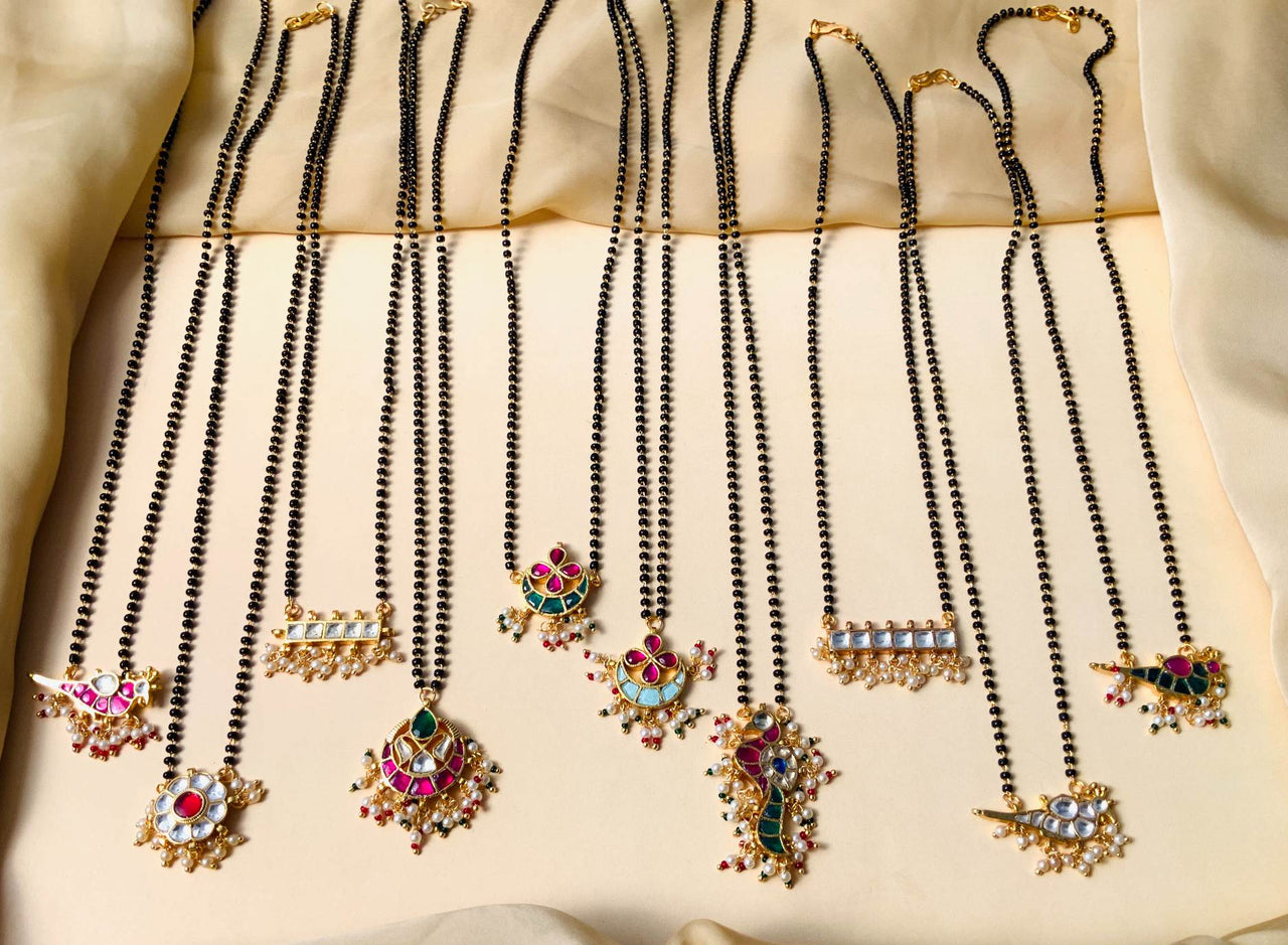Floral Handmade Multicolour Pacchi Kundan & Pearl Drops Mangalsutra Combo - Abdesignsjewellery