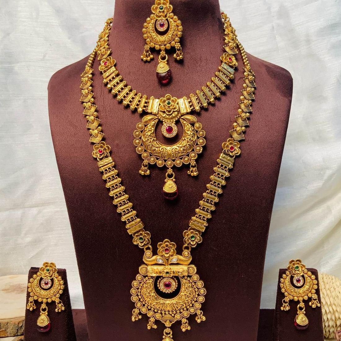 Long Antique Gold Tone Ruby Stone