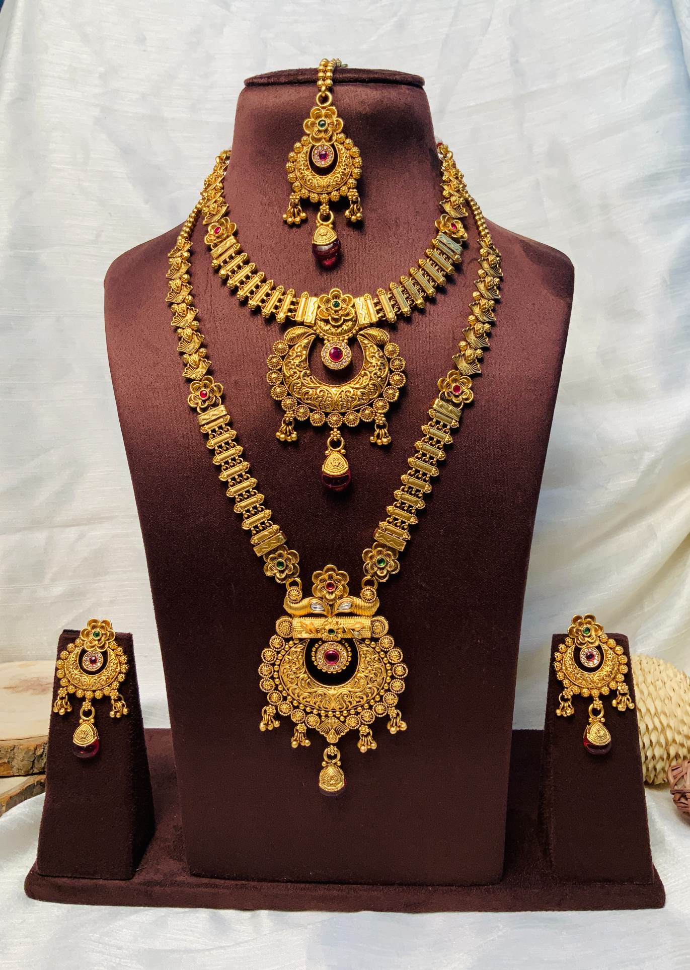 Long Antique Gold Tone Ruby Stone