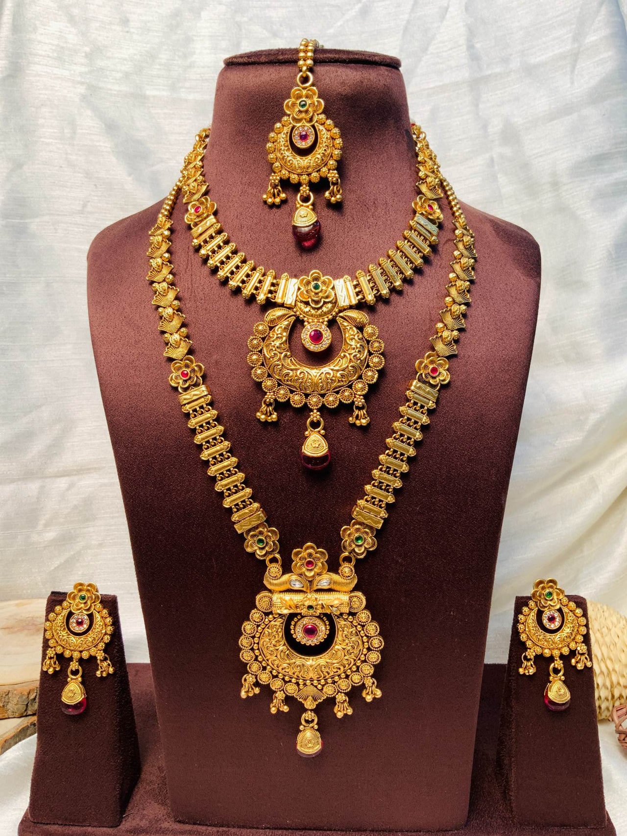 Long Antique Gold Tone Ruby Stone