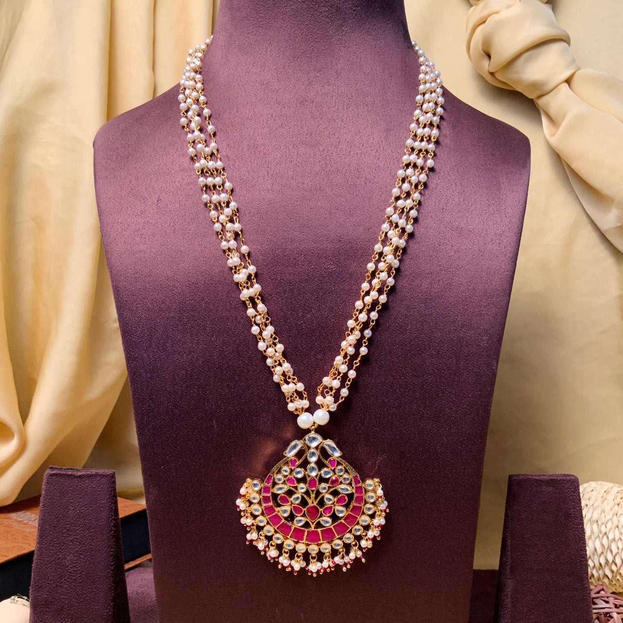 Multicolour Gold Plated Pachi Kundan Long Pearl Mala - Abdesignsjewellery