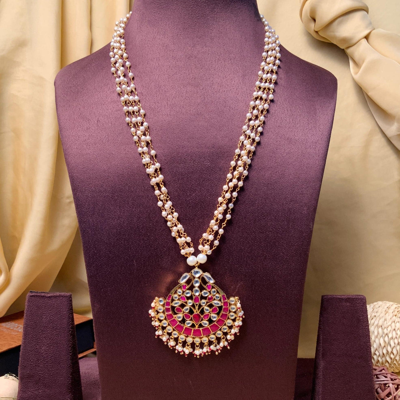 Multicolour Gold Plated Pachi Kundan Long Pearl Mala - Abdesignsjewellery