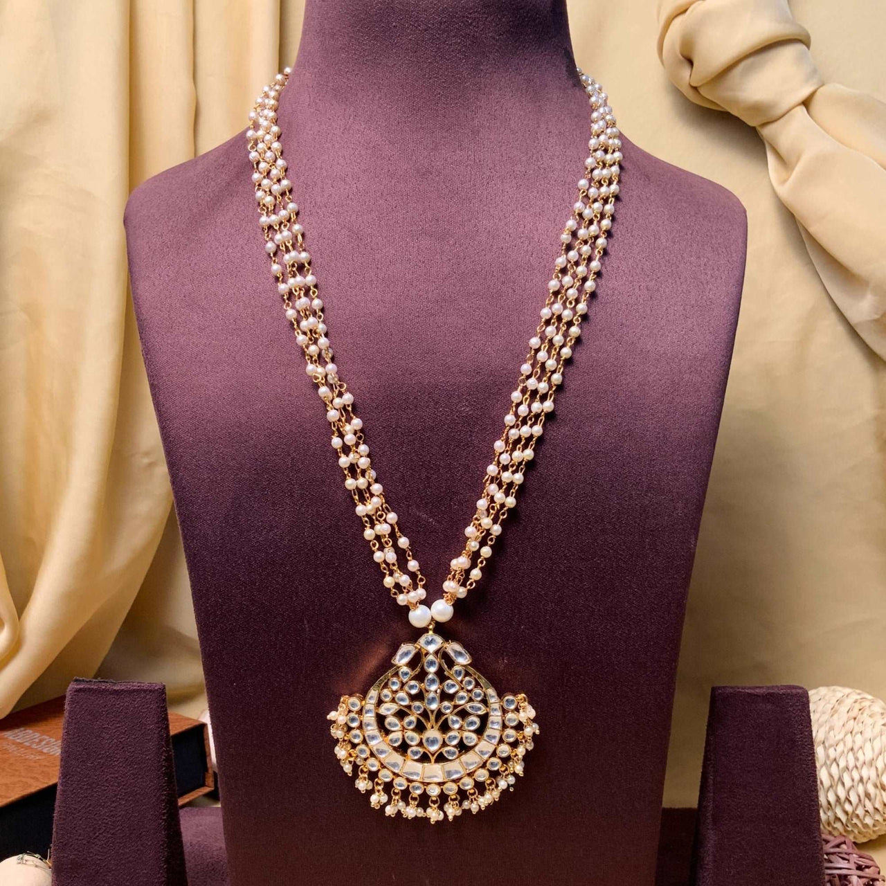 Aesthetic Gold Plated Pachi Kundan Long Pearl Mala - Abdesignsjewellery