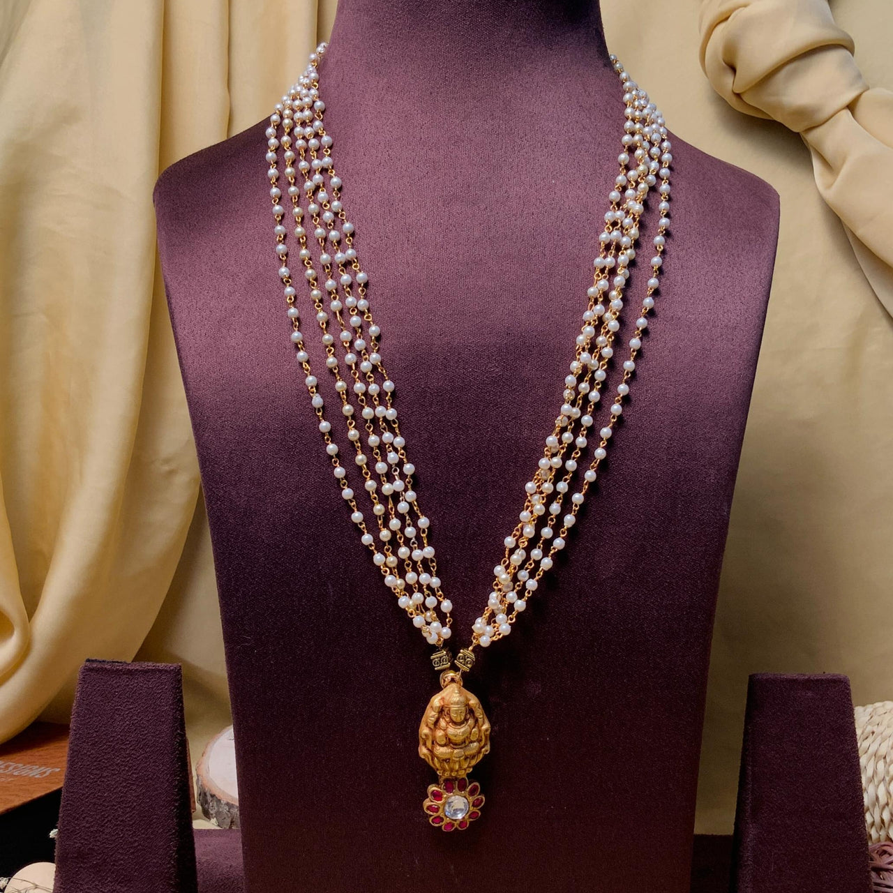 Ravishing Goddess Laxmi Gold Plated Pachi Kundan Long Pearl Mala