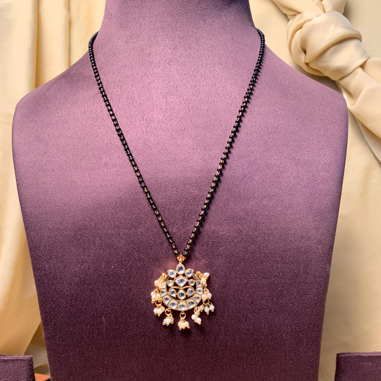 Gold Plated Semi Precious Pachi Kundan Pearl Drops Mangalsutra - Abdesignsjewellery