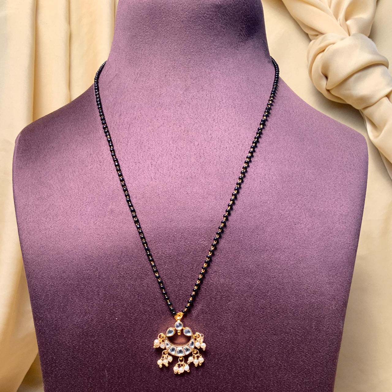 Appealing Gold Plated White Pachi Kundan Pearl Drops Mangalsutra - Abdesignsjewellery