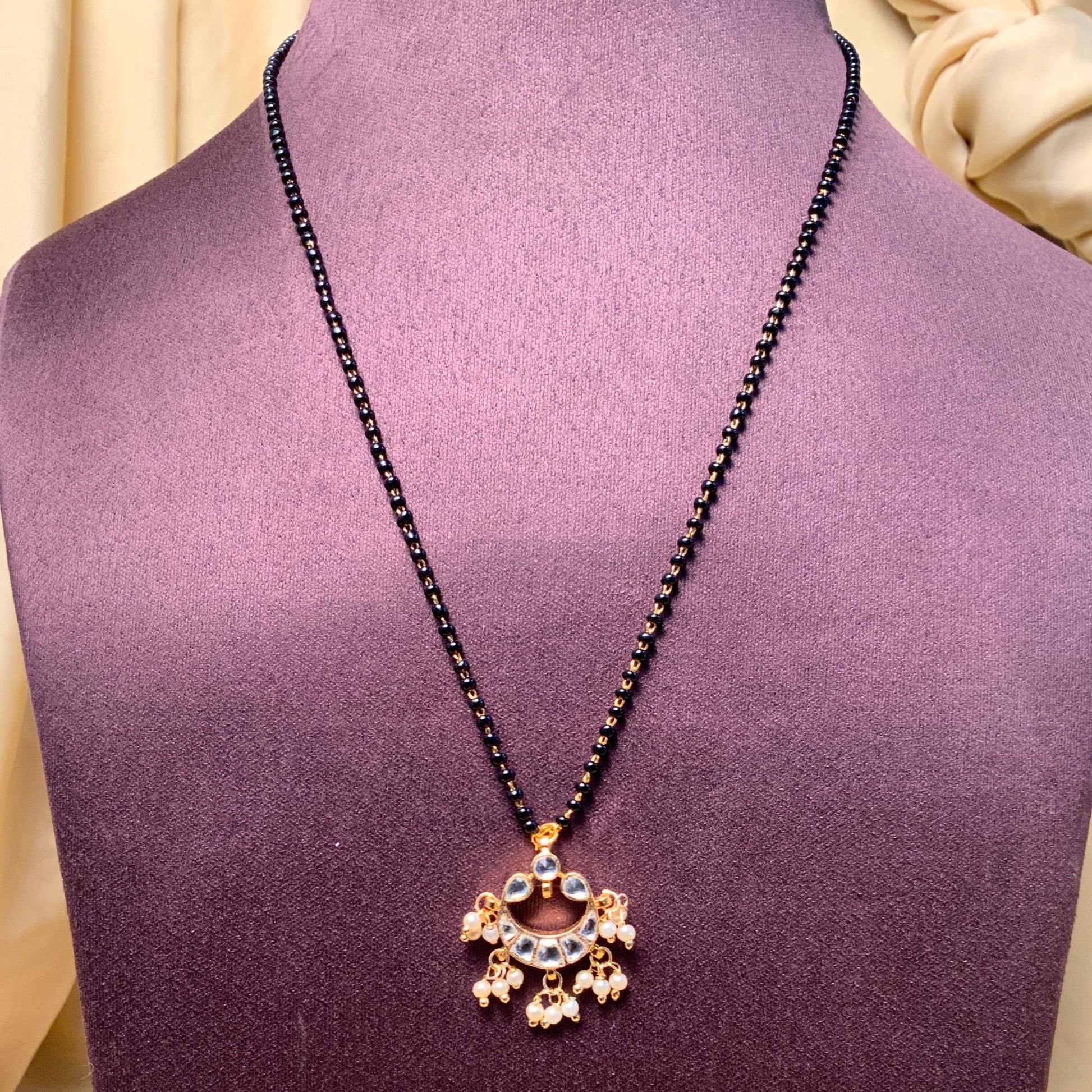 Appealing Gold Plated White Pachi Kundan Pearl Drops Mangalsutra - Abdesignsjewellery