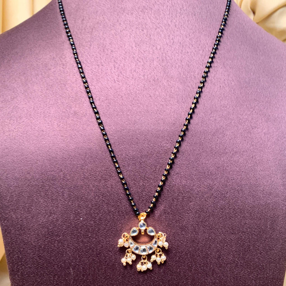 Appealing Gold Plated White Pachi Kundan Pearl Drops Mangalsutra - Abdesignsjewellery