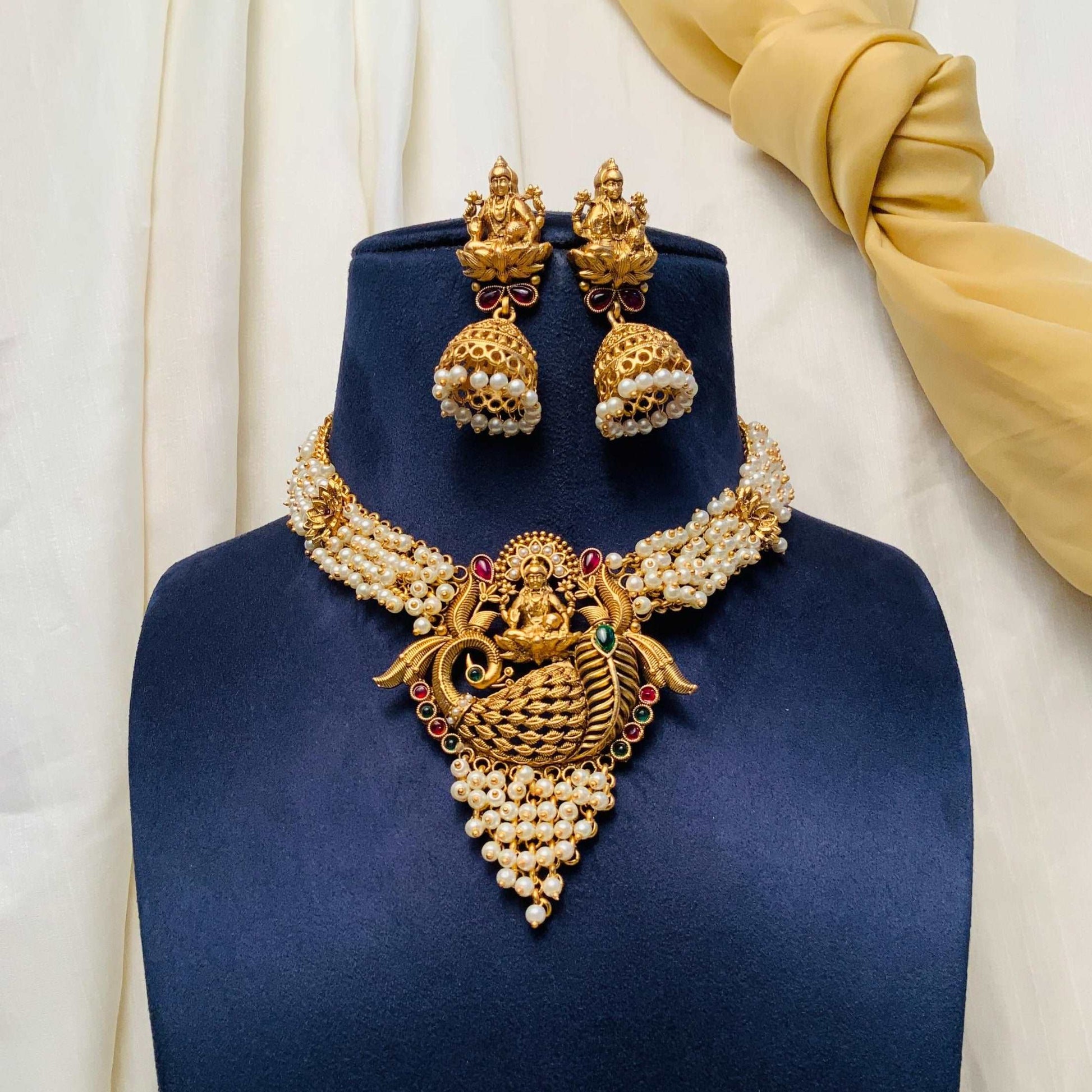 Antique Gold Plated Laxmi Necklace With Kempstone & Pearl Hangings - Abdesignsjewellery