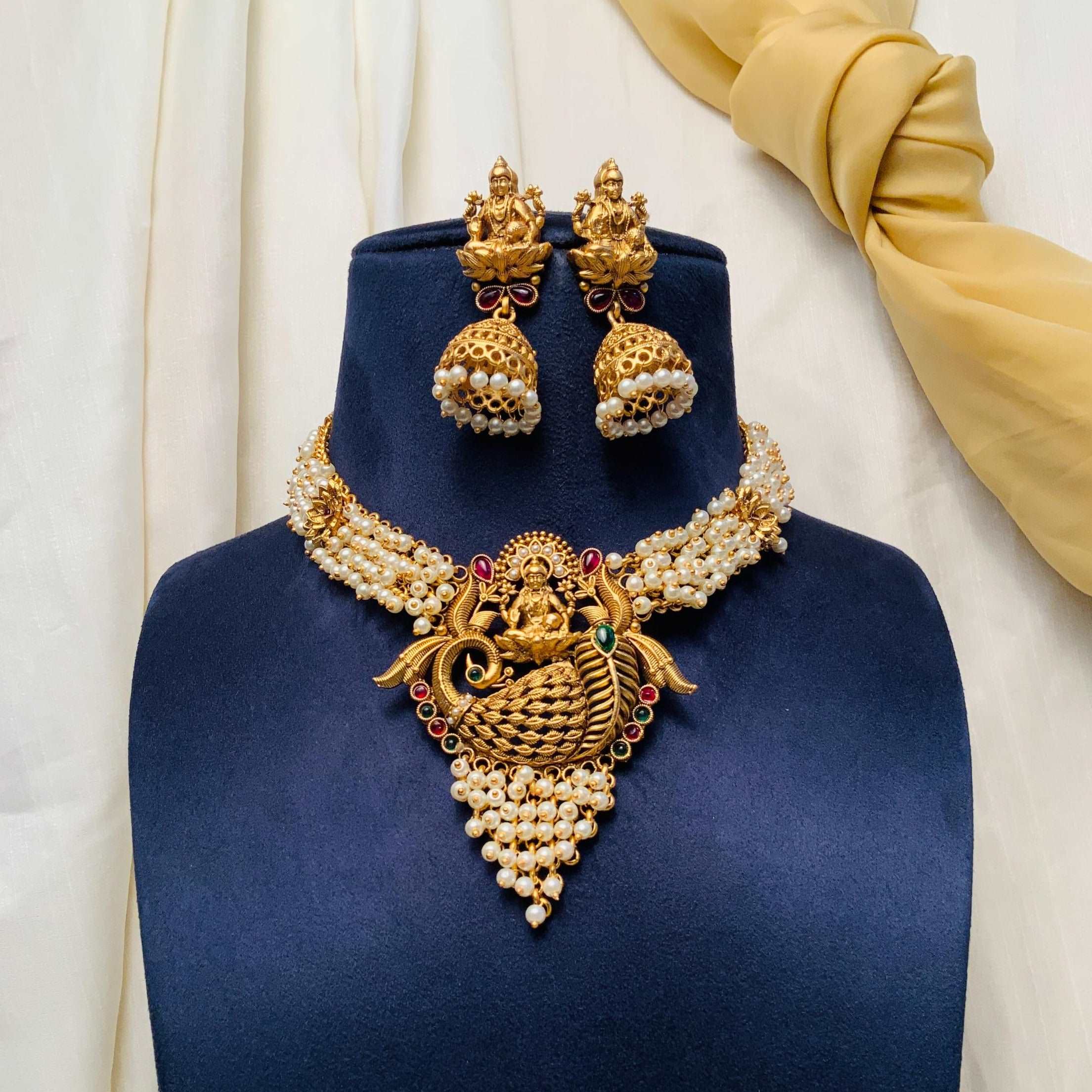 Antique Gold Plated Laxmi Necklace With Kempstone & Pearl Hangings - Abdesignsjewellery