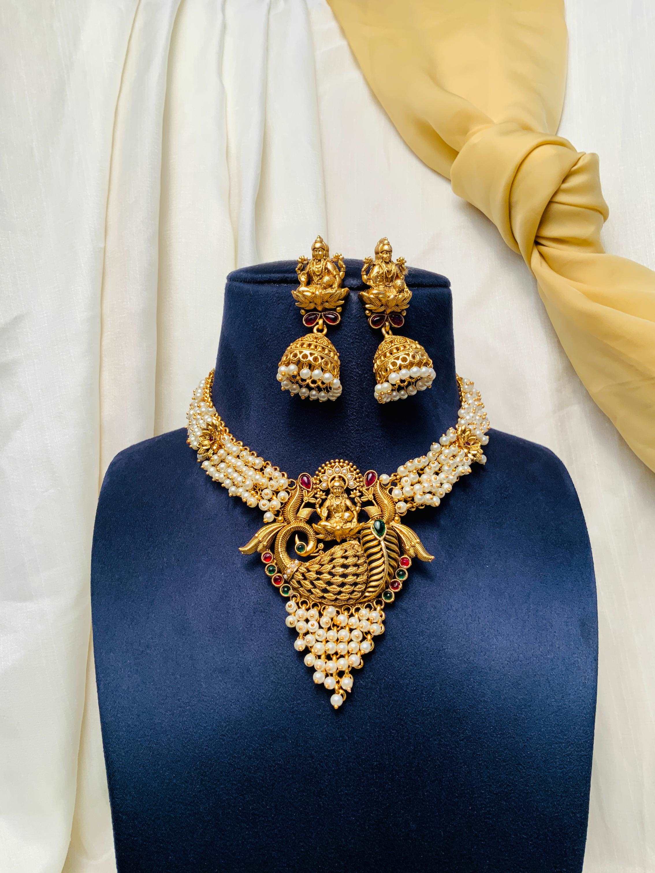 Antique Gold Plated Laxmi Necklace With Kempstone & Pearl Hangings - Abdesignsjewellery