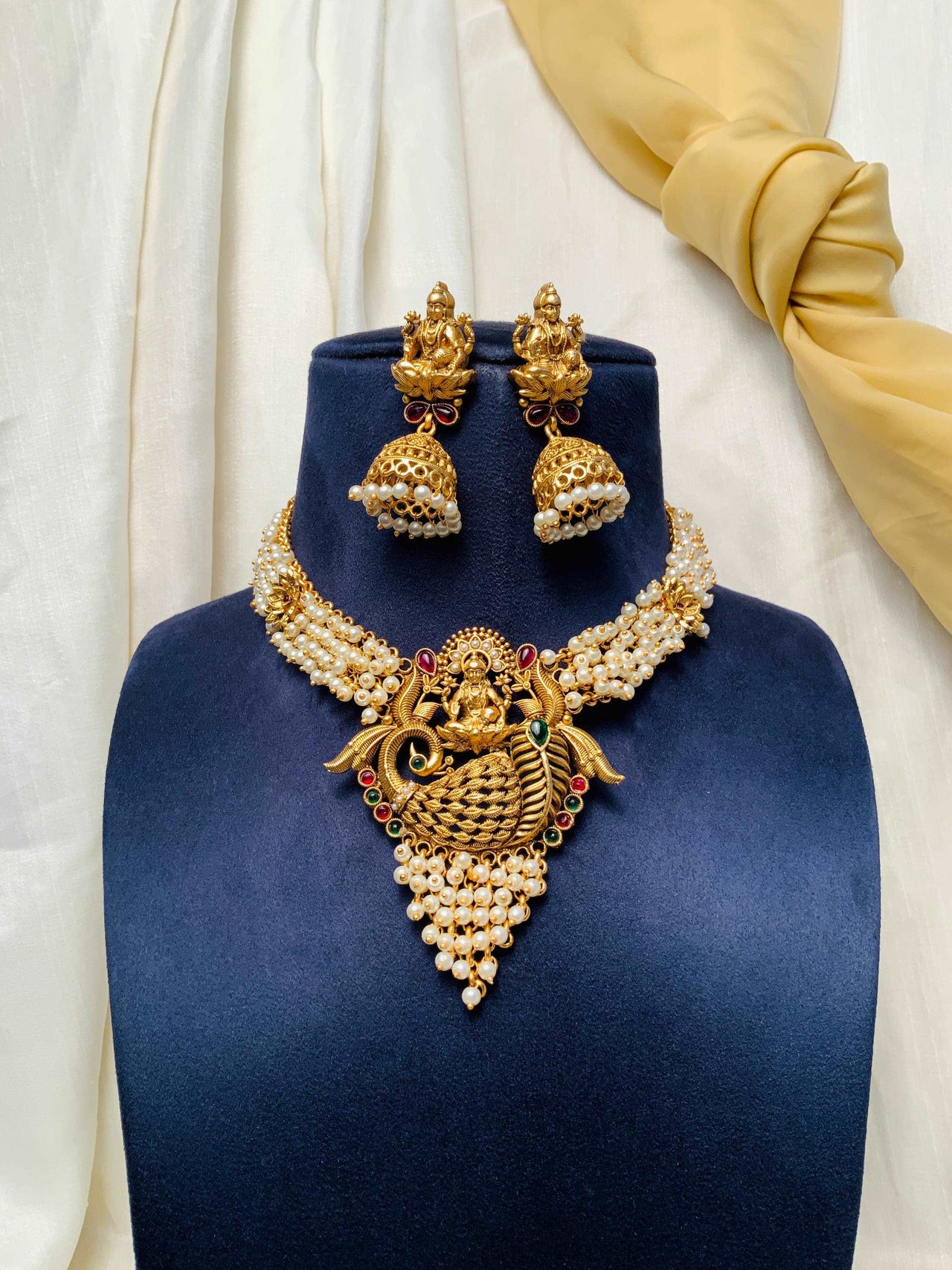 Antique Gold Plated Laxmi Necklace With Kempstone & Pearl Hangings - Abdesignsjewellery