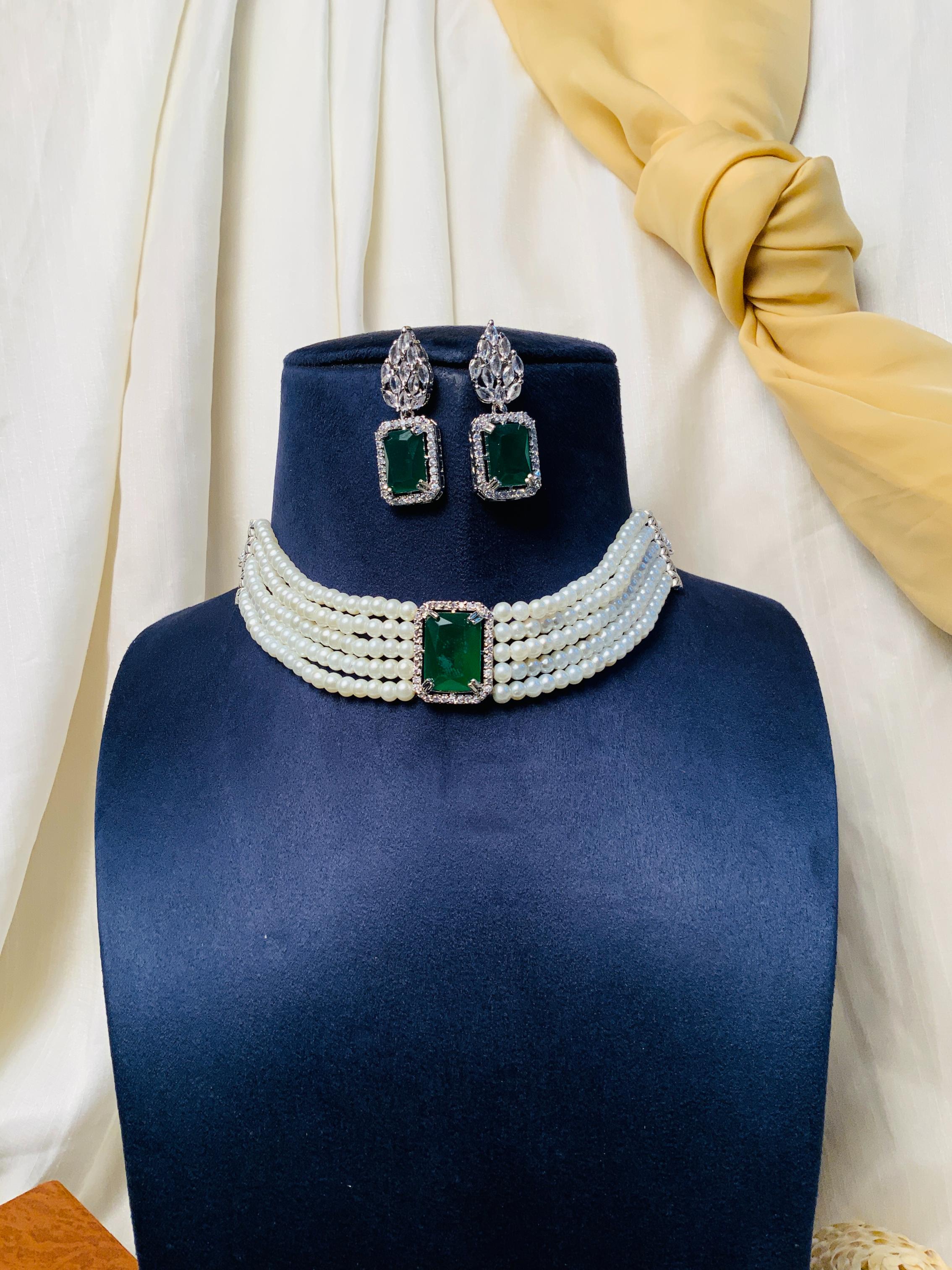 Dazzling Party Wear Silver Plated CZ Pearl Chocker Necklace - Abdesignsjewellery
