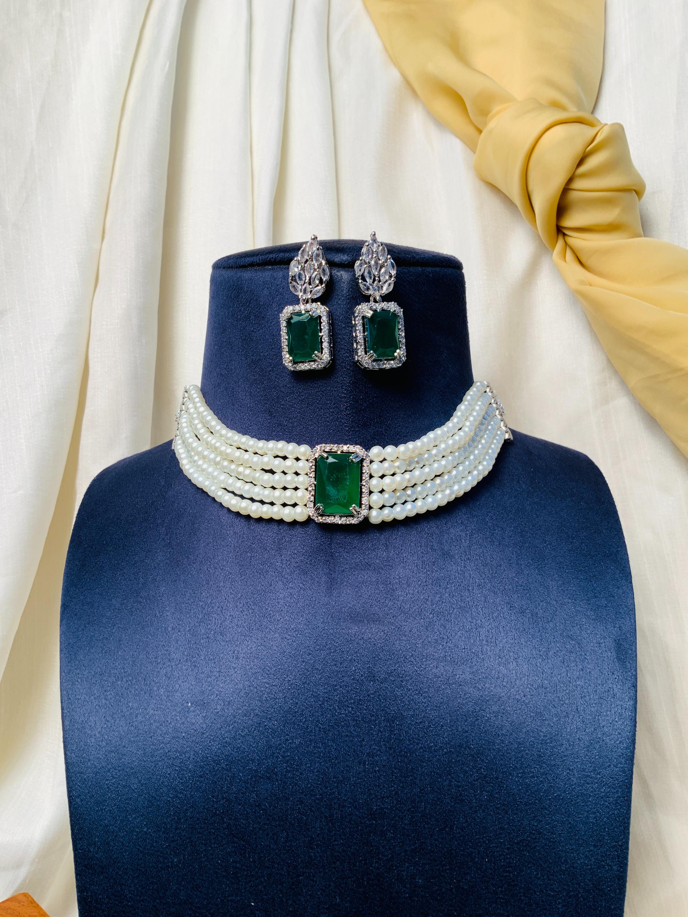 Dazzling Party Wear Silver Plated CZ Pearl Chocker Necklace - Abdesignsjewellery