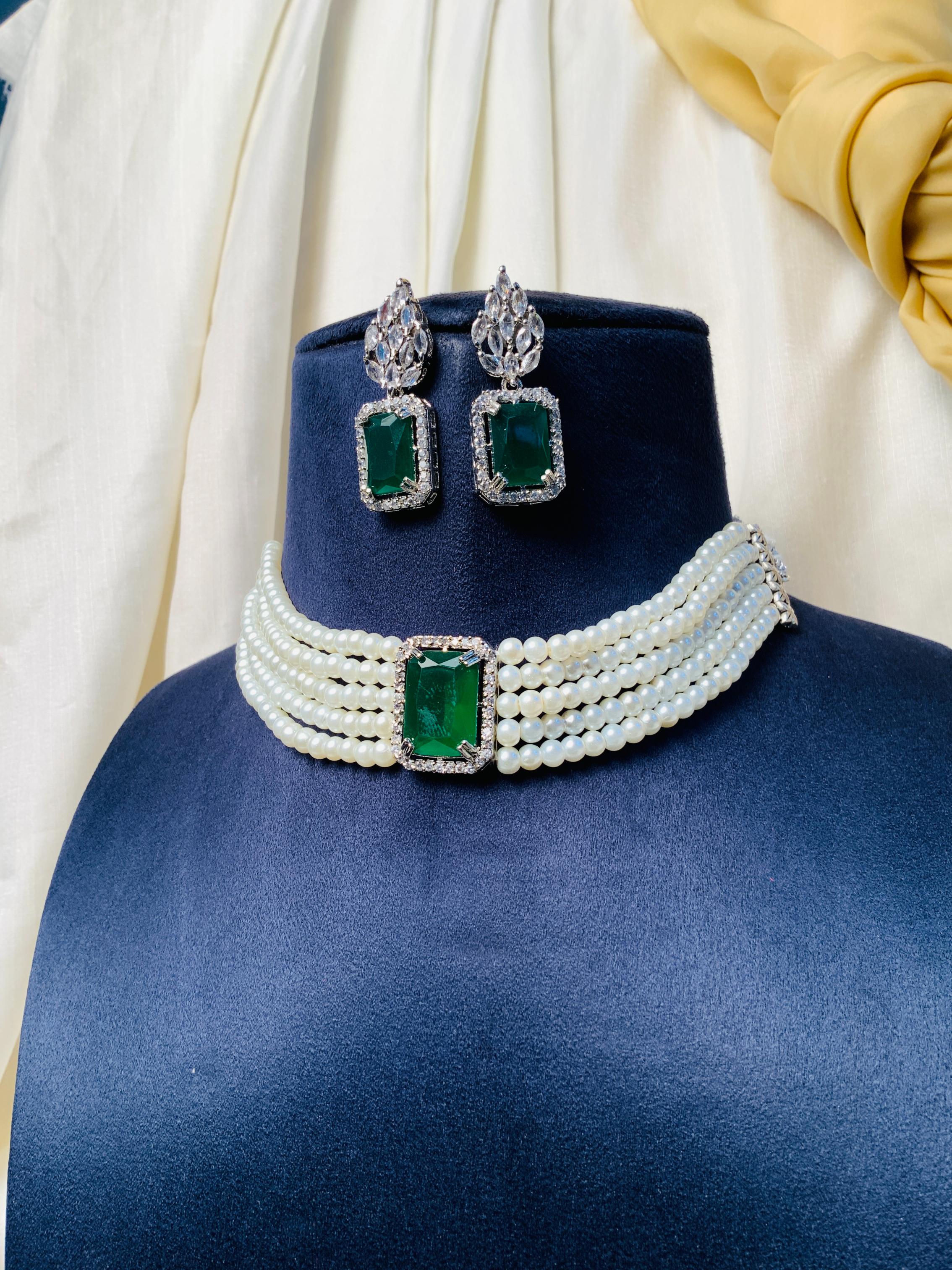 Dazzling Party Wear Silver Plated CZ Pearl Chocker Necklace - Abdesignsjewellery