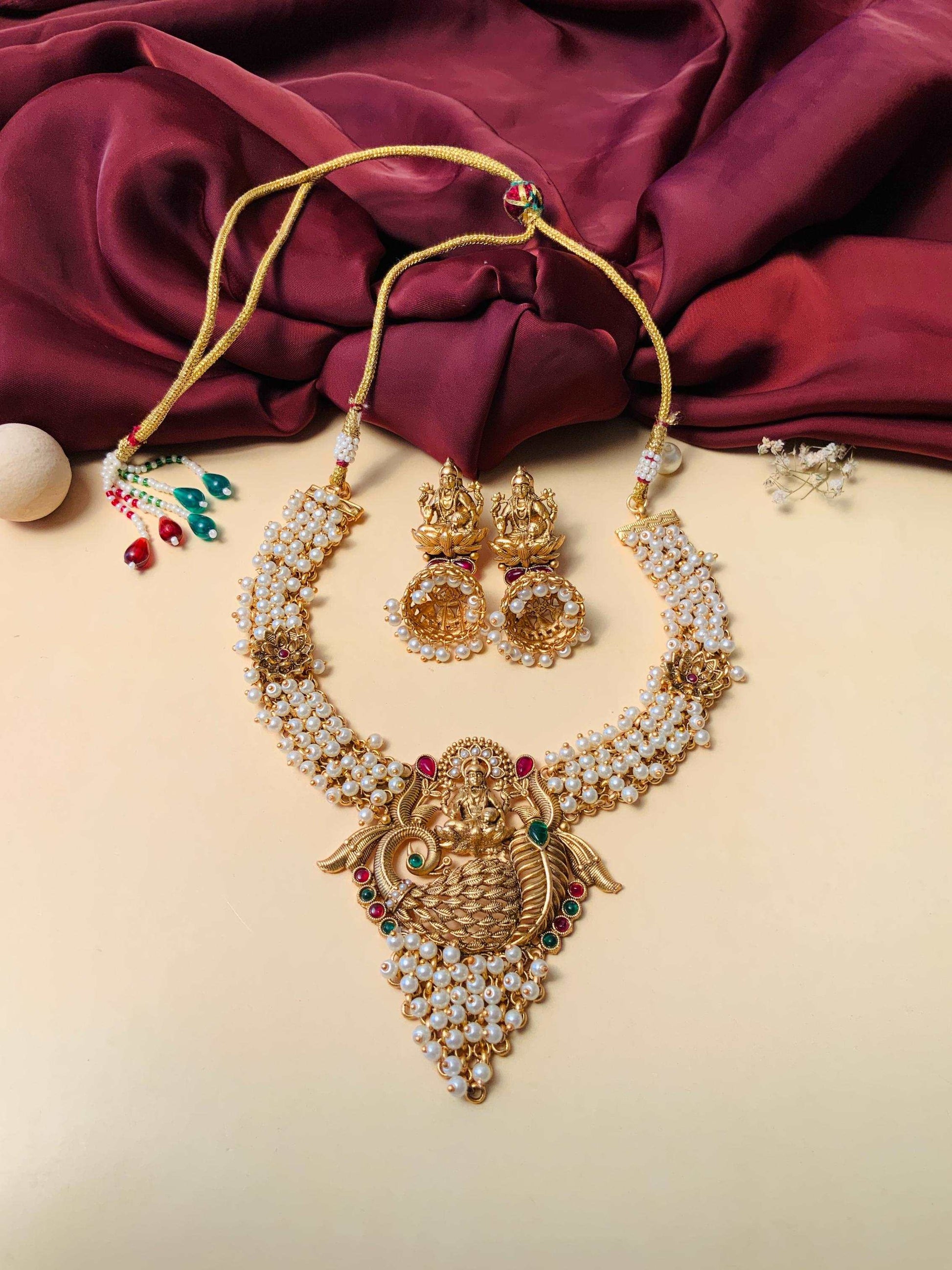 Antique Gold Plated Laxmi Necklace With Kempstone & Pearl Hangings - Abdesignsjewellery