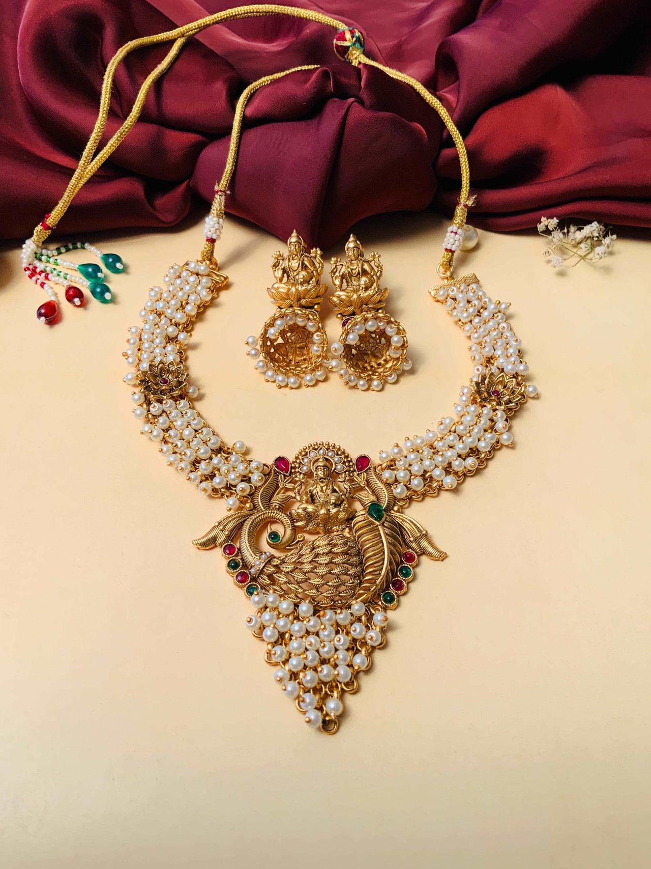Antique Gold Plated Laxmi Necklace With Kempstone & Pearl Hangings - Abdesignsjewellery
