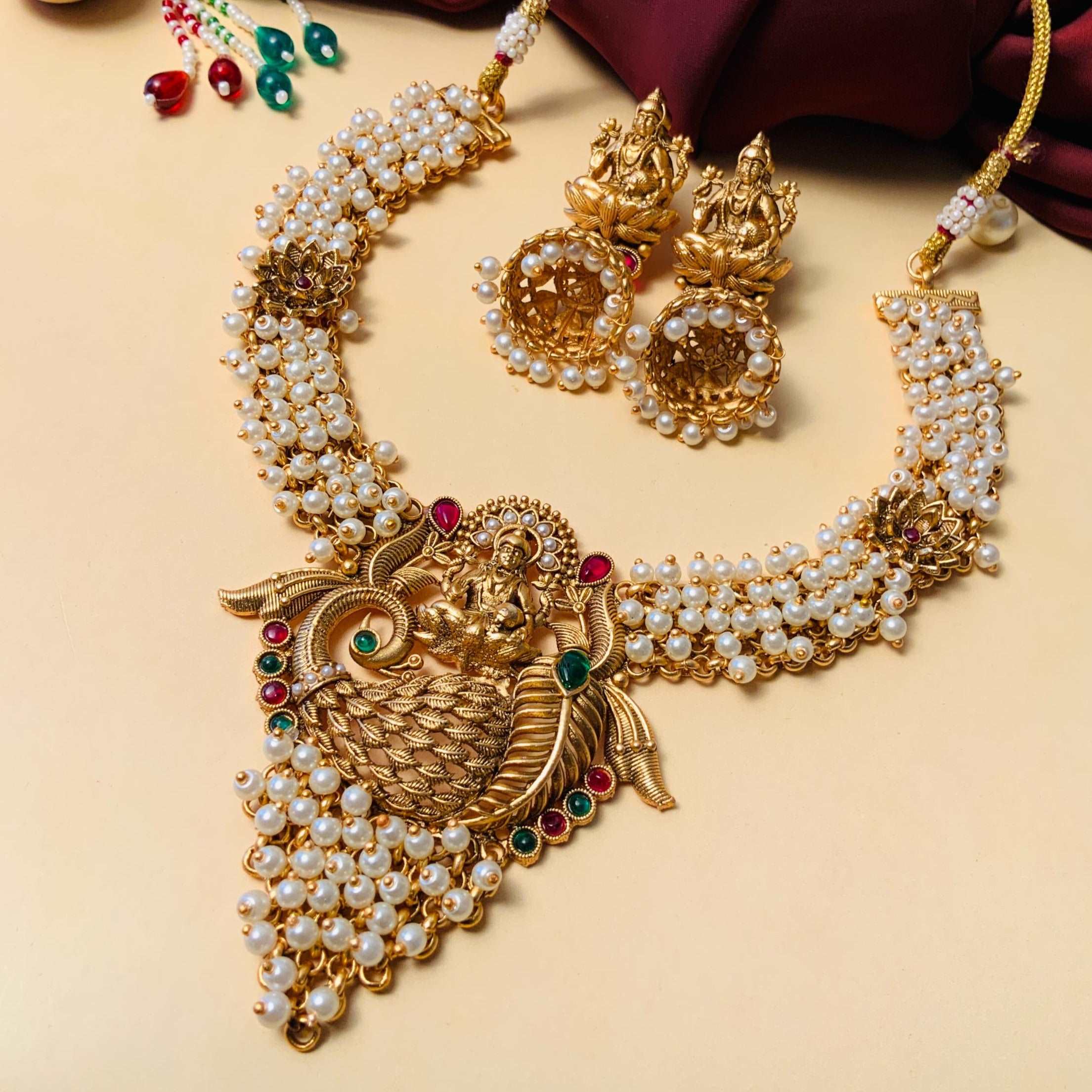 Antique Gold Plated Laxmi Necklace With Kempstone & Pearl Hangings - Abdesignsjewellery
