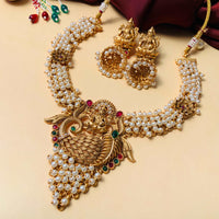 Thumbnail for Antique Gold Plated Laxmi Necklace With Kempstone & Pearl Hangings - Abdesignsjewellery