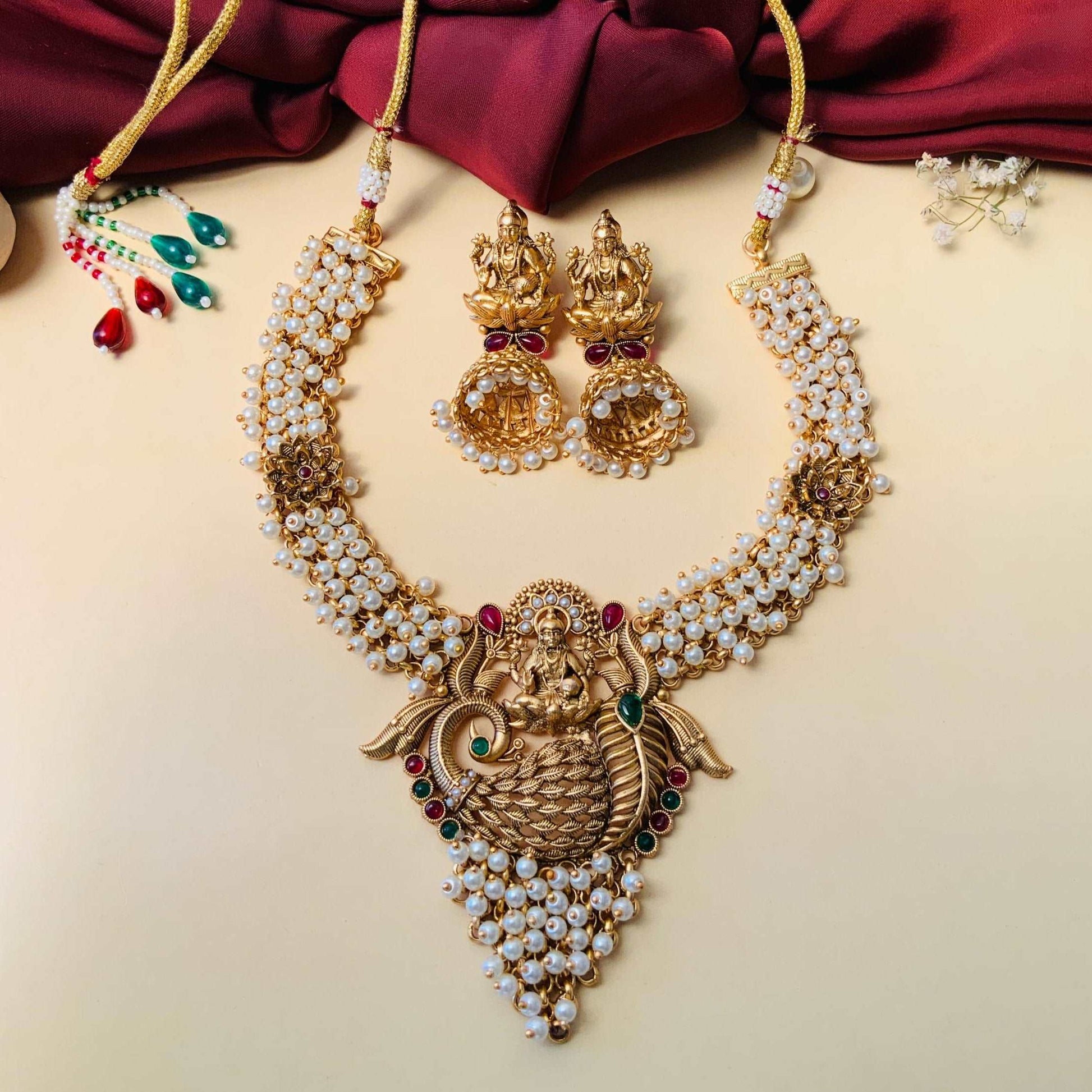 Antique Gold Plated Laxmi Necklace With Kempstone & Pearl Hangings - Abdesignsjewellery