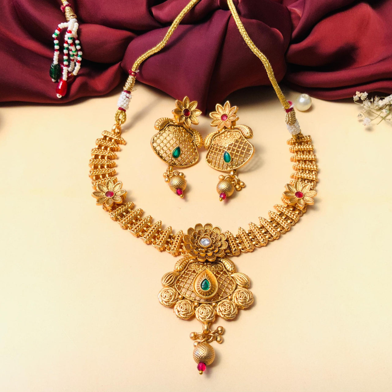 Elegant Golden Polish Matt Finish Necklace Set