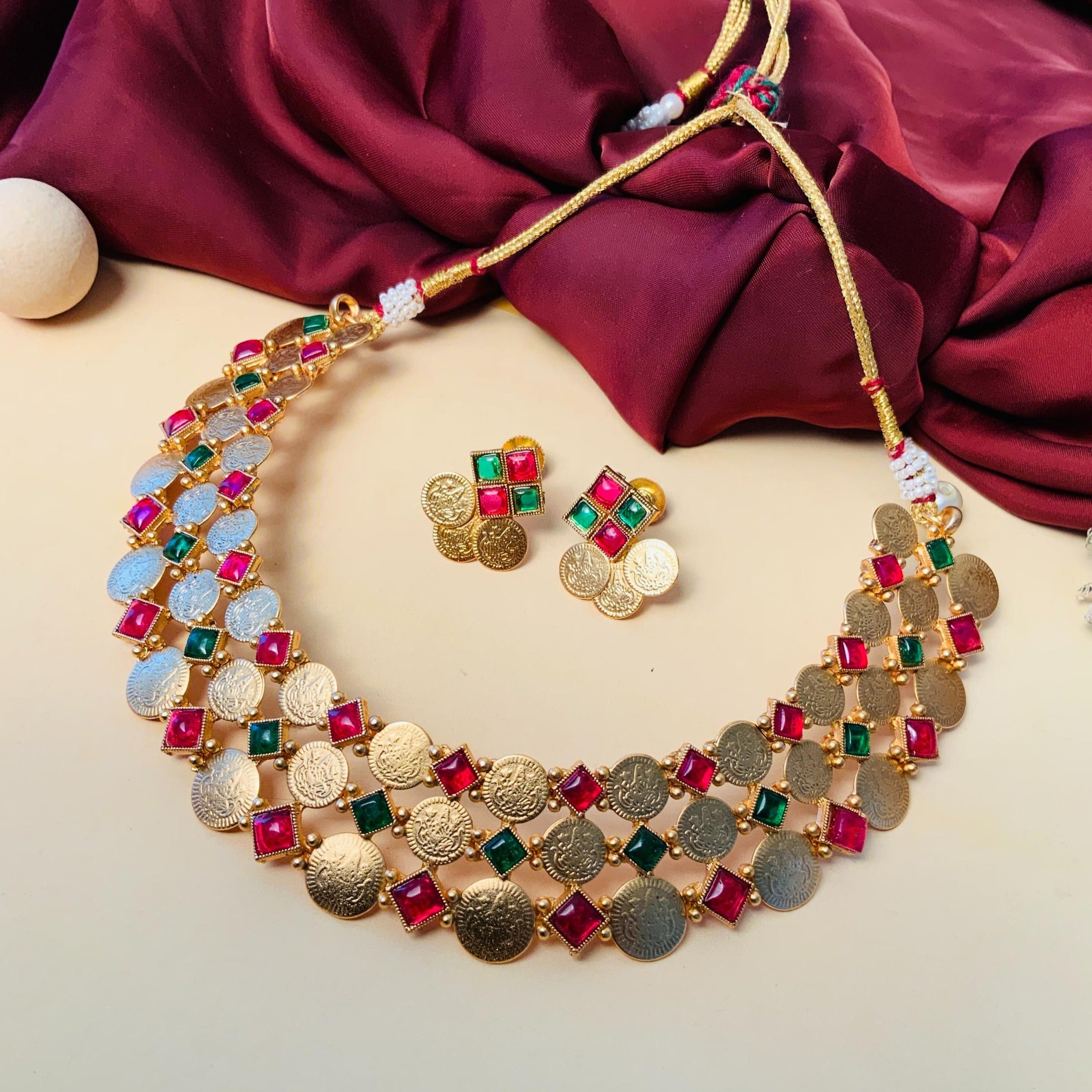 Luxurious Coin Temple Golden Polish Necklace Set