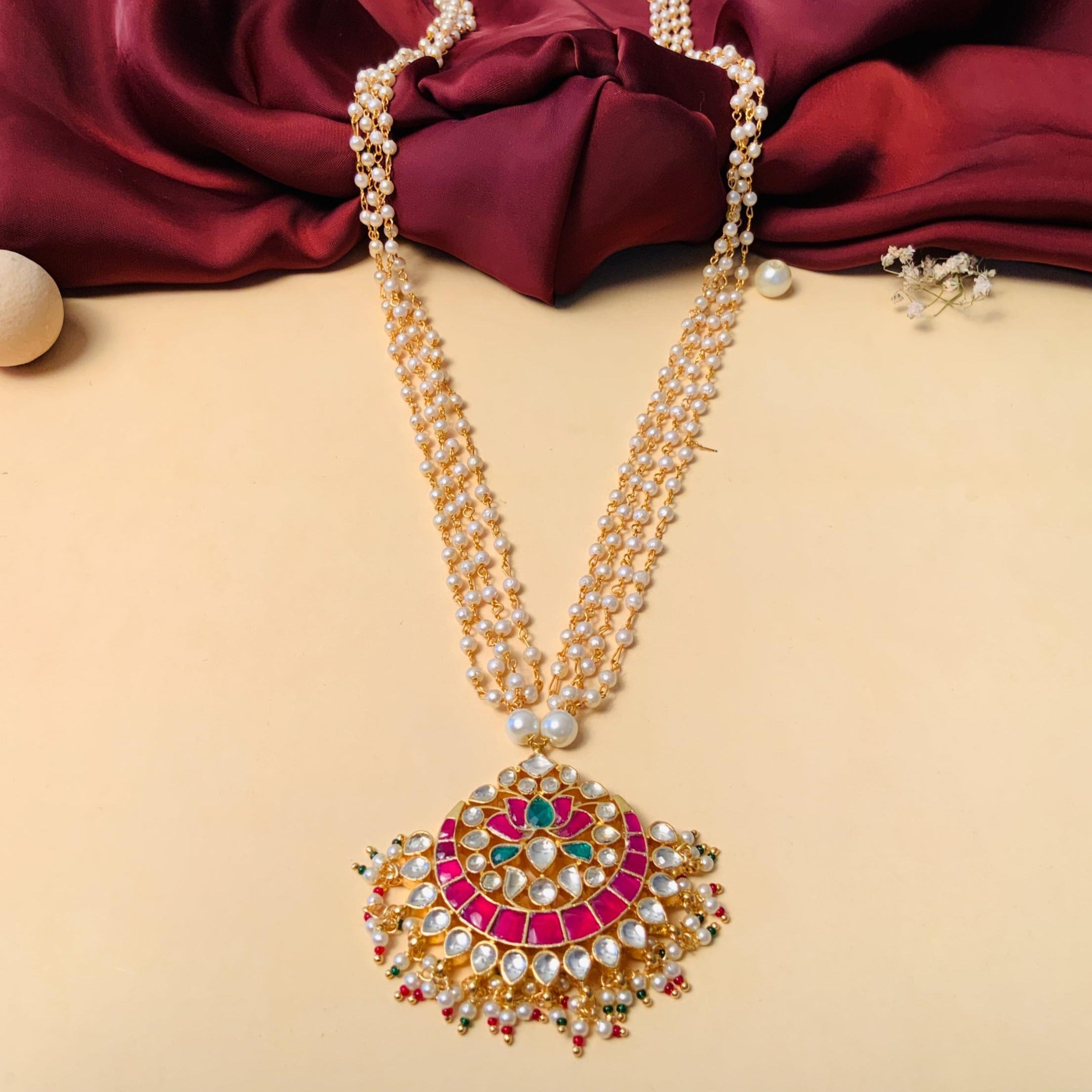 Elegant Lotus Gold Plated Pachi Kundan Long Pearl Mala