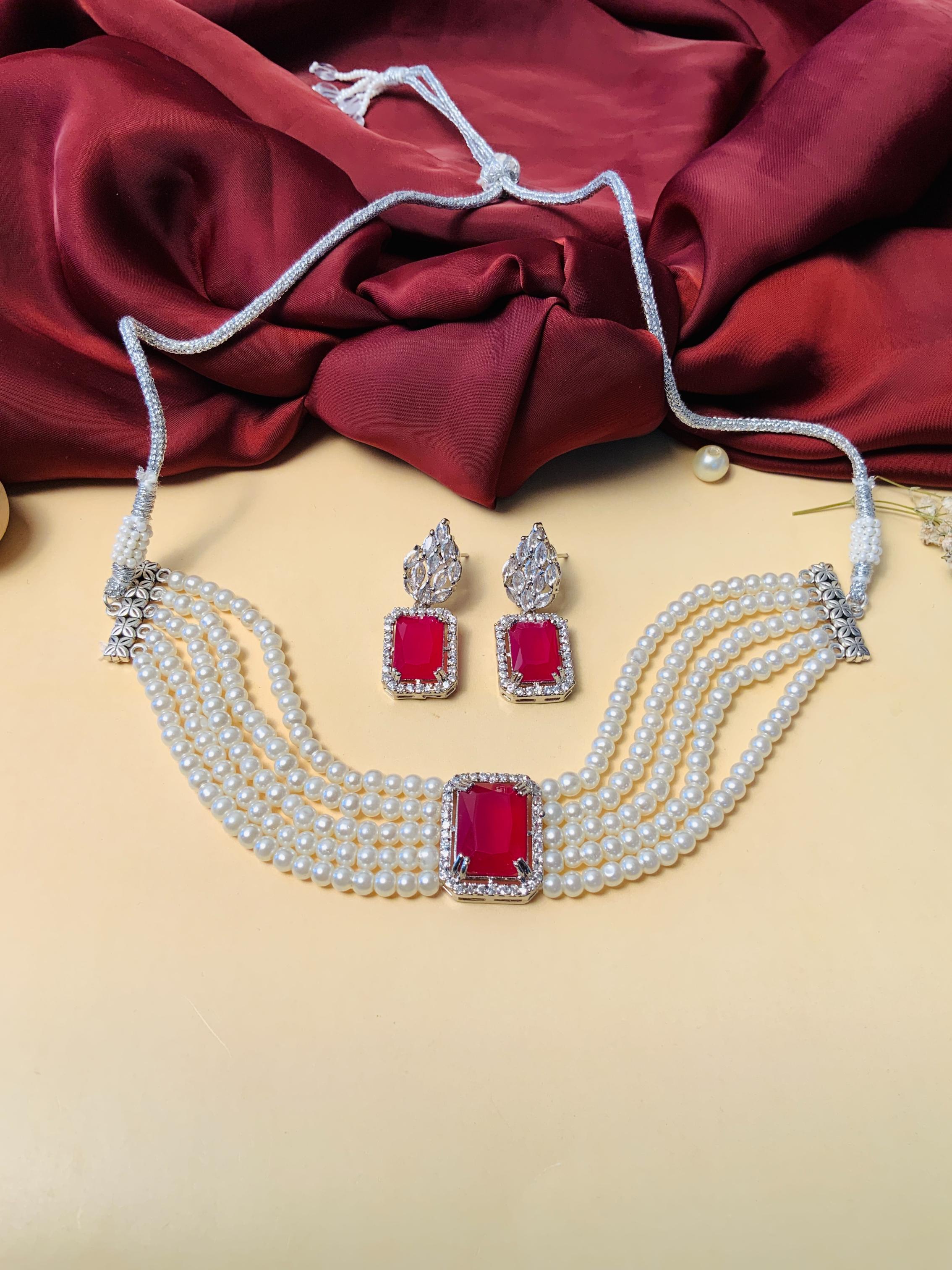 Dazzling Party Wear Silver Plated CZ Pearl Chocker Necklace - Abdesignsjewellery