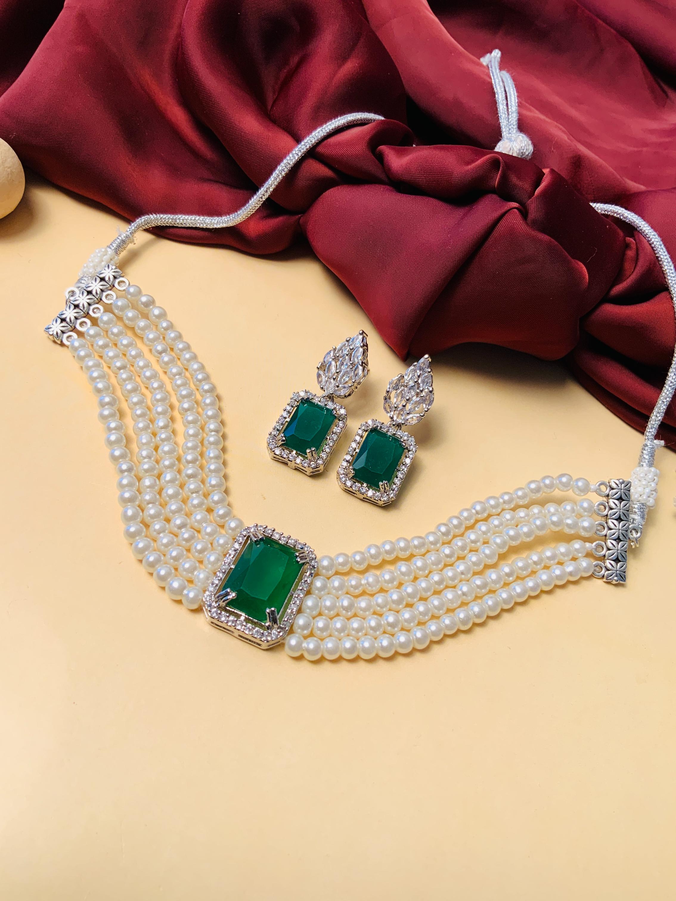 Dazzling Party Wear Silver Plated CZ Pearl Chocker Necklace - Abdesignsjewellery