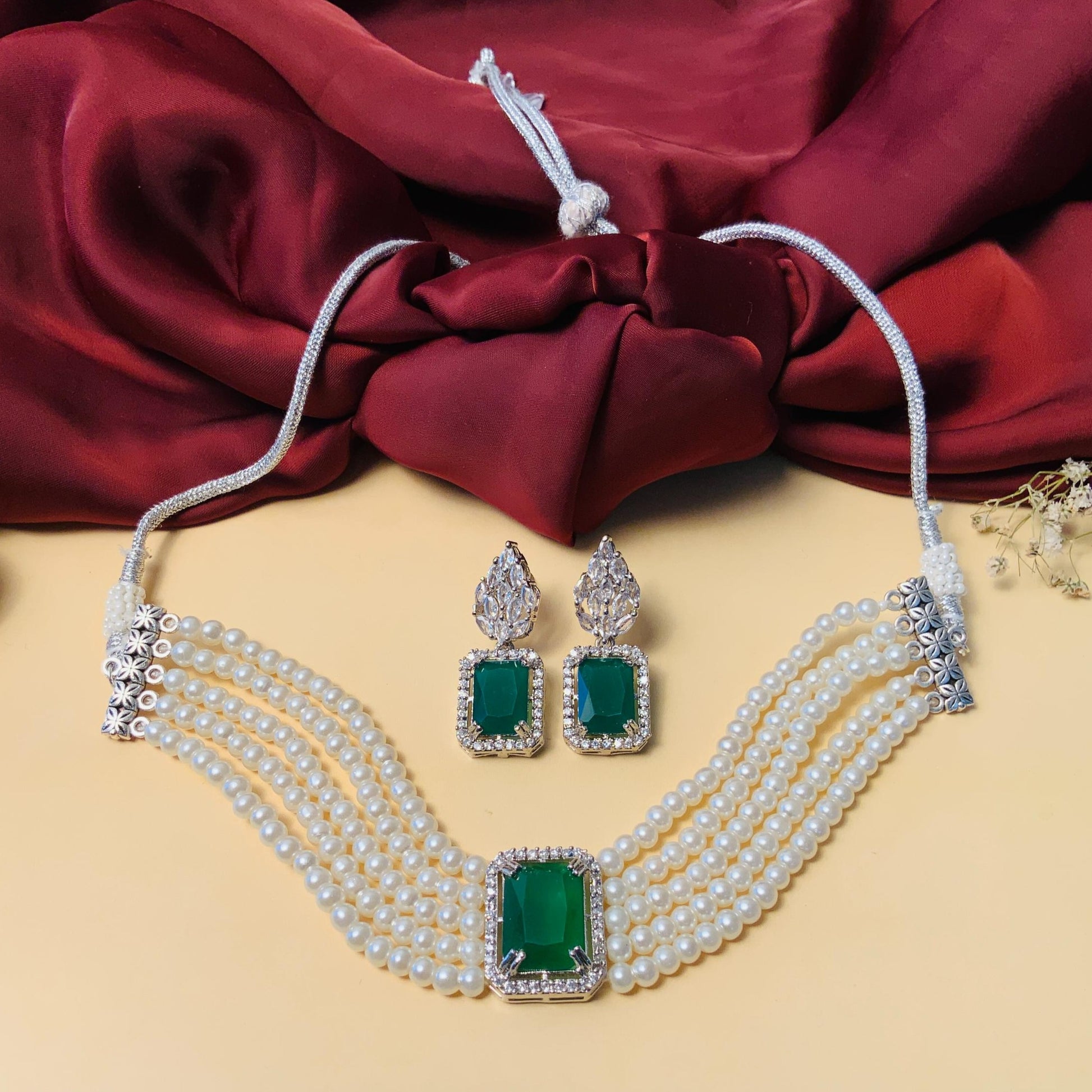 Dazzling Party Wear Silver Plated CZ Pearl Chocker Necklace - Abdesignsjewellery