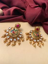 Thumbnail for Gold Plated Antique Round Peacock Kundan Earrings - Abdesignsjewellery
