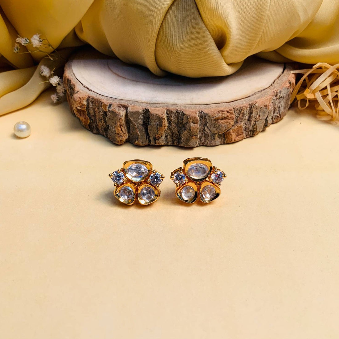 Gold Plated Kundan Polki Stud Earrings - Abdesignsjewellery