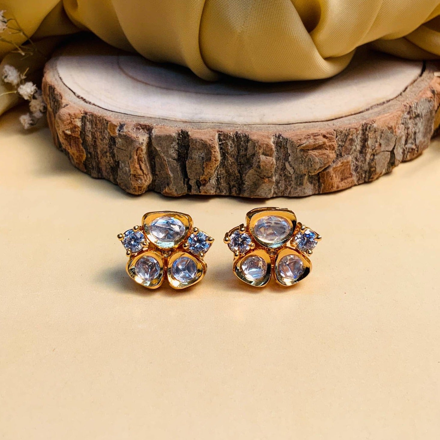 Gold Plated Kundan Polki Stud Earrings - Abdesignsjewellery