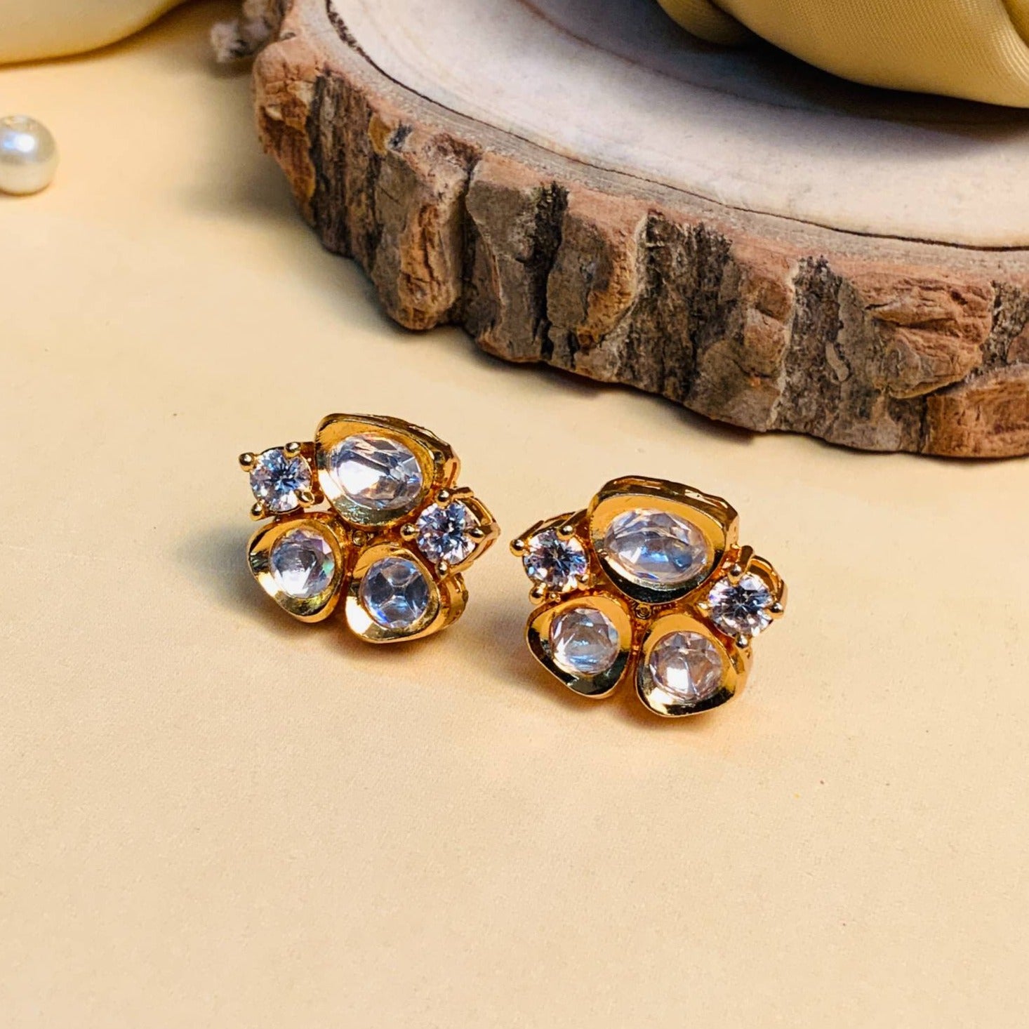 Gold Plated Kundan Polki Stud Earrings - Abdesignsjewellery
