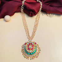 Thumbnail for Ethnic Party Wear Multicolour Gold Plated Pachi Kundan Long Pearl Mala - Abdesignsjewellery