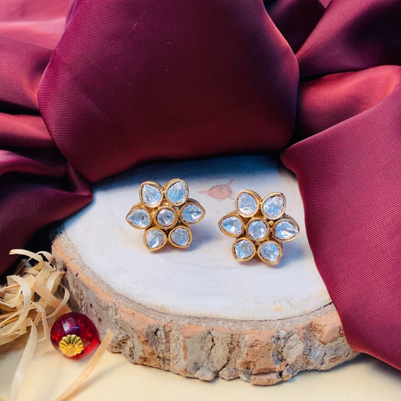 Minimal Gold Plated Mini Flower Polki Stud Earring - Abdesignsjewellery