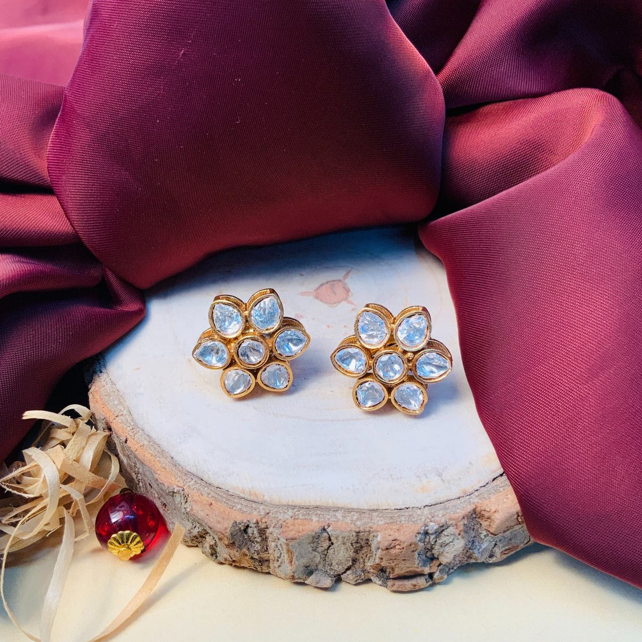 Minimal Gold Plated Mini Flower Polki Stud Earring - Abdesignsjewellery