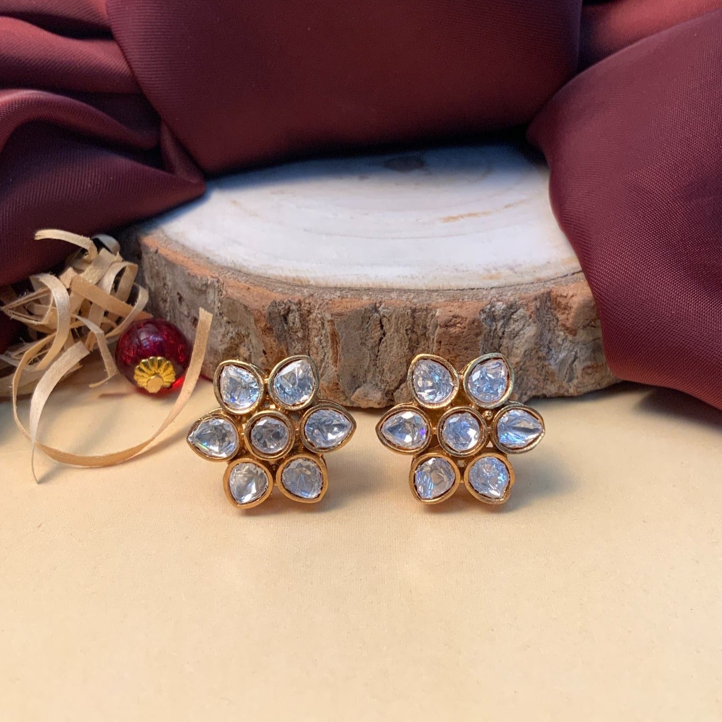 Minimal Gold Plated Mini Flower Polki Stud Earring - Abdesignsjewellery