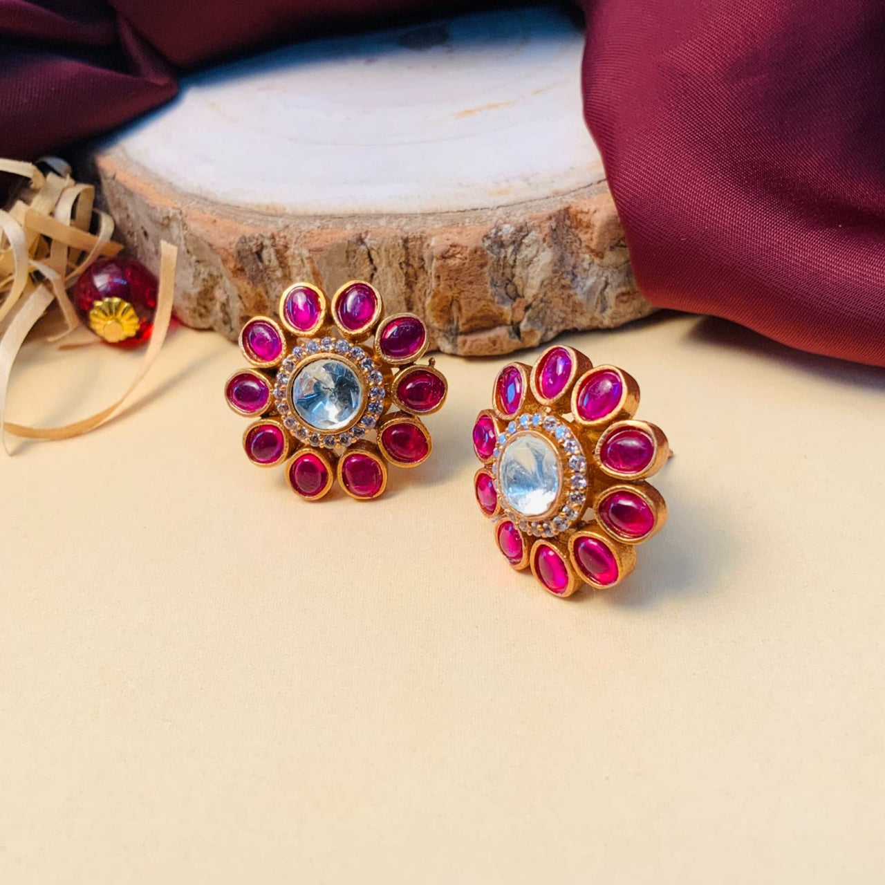 Classic Gold Plated Pink Polki Stud Earring