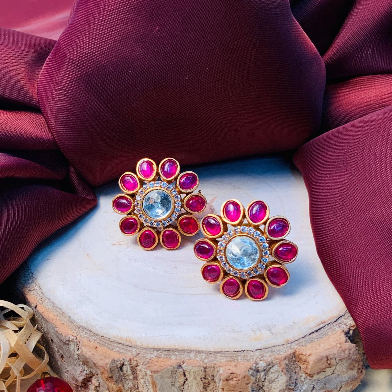 Classic Gold Plated Pink Polki Stud Earring