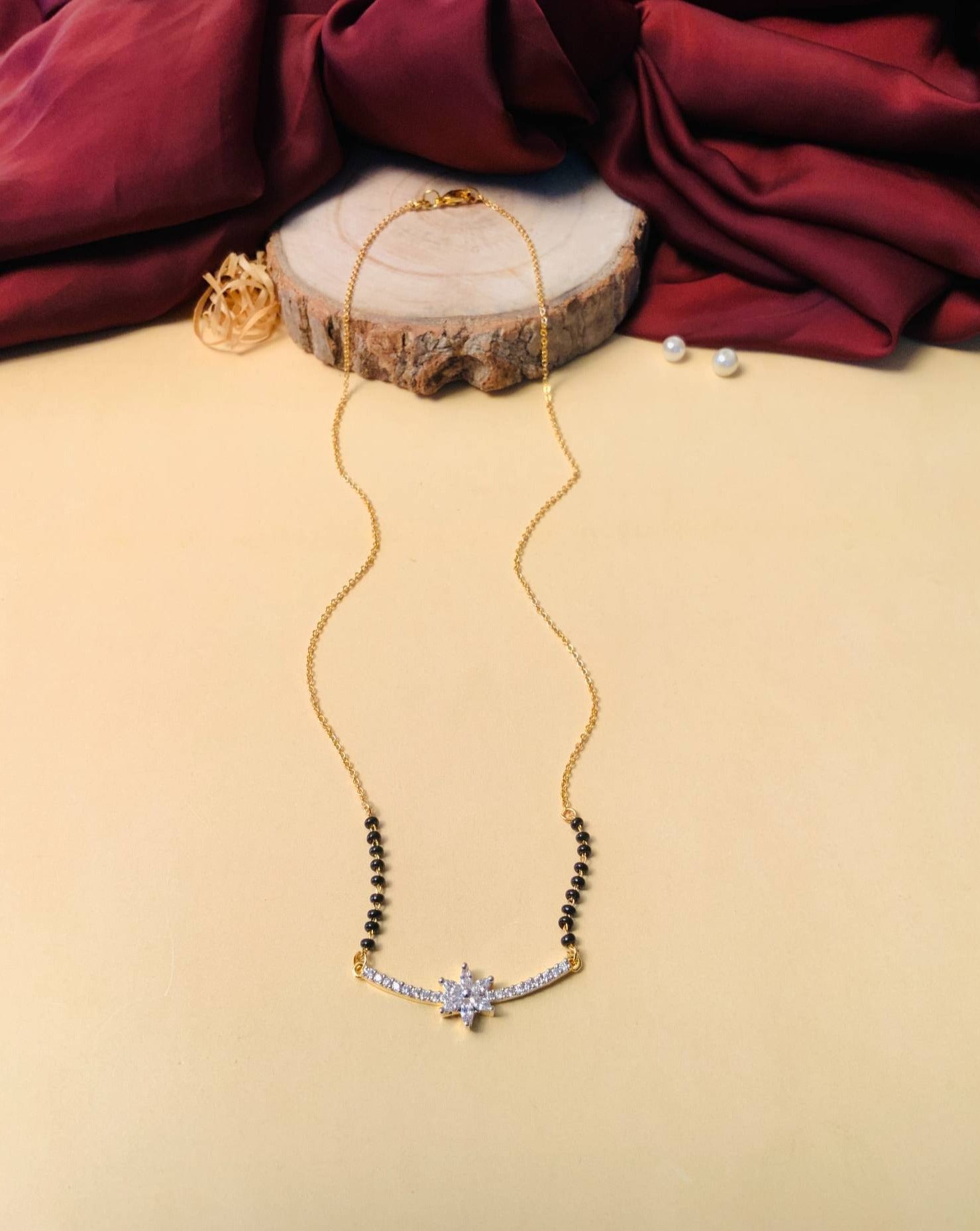 Elegant Gold Plated V-Shape American Diamond Flower Mangalsutra - Abdesignsjewellery