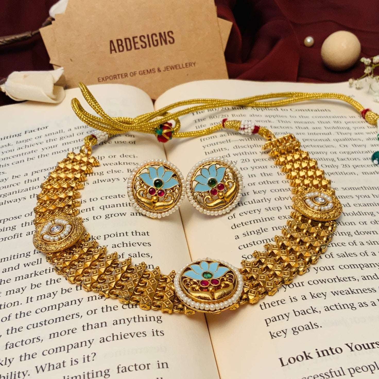 Antique Matt Gold Meenakari Choker Necklace Set - Abdesignsjewellery