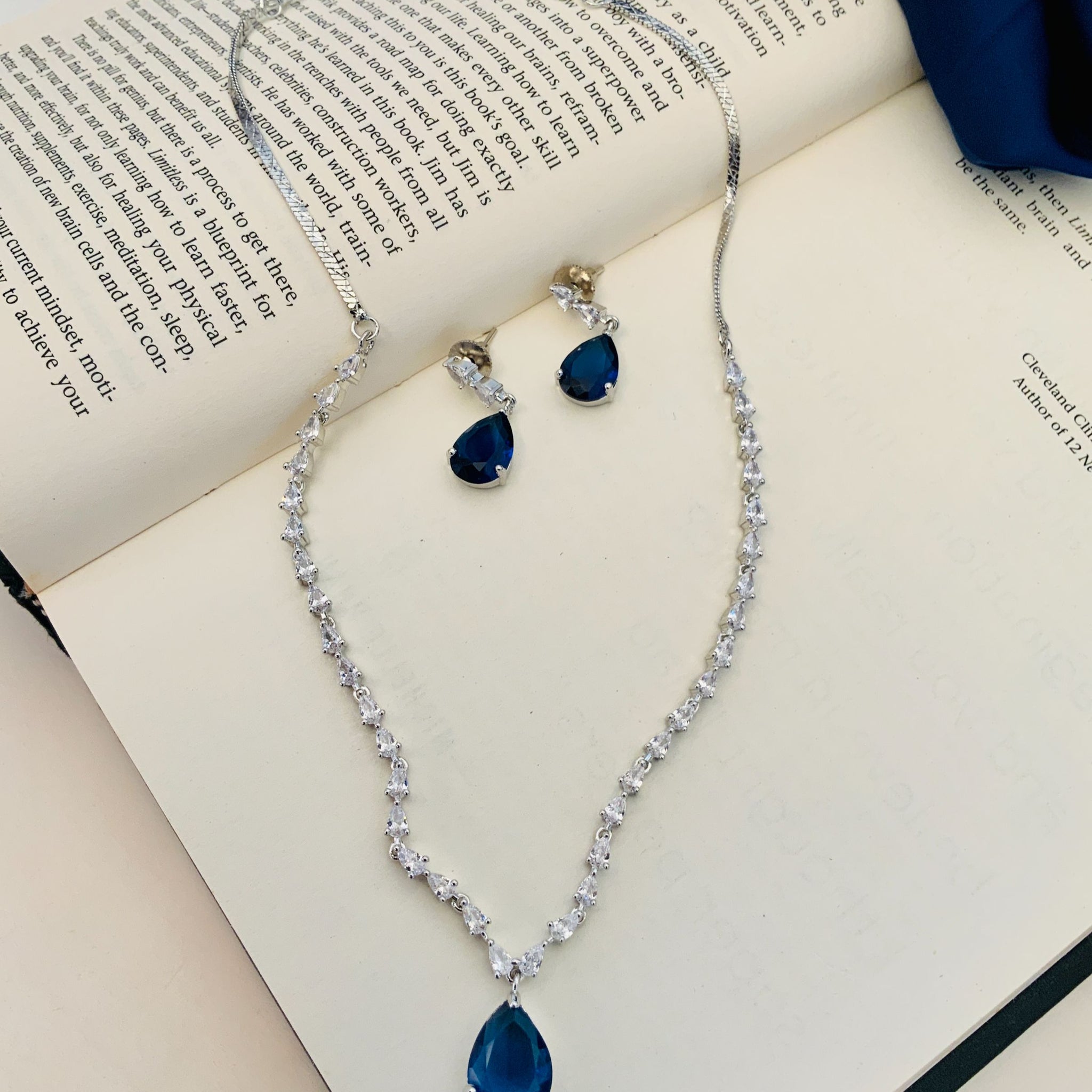 Silver Plated Necklace Set American Diamonds And blue Stone